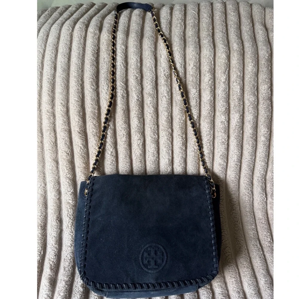 Tory Burch Marion Navy Blue Suede Whipstitch Chain Crossbody Bag